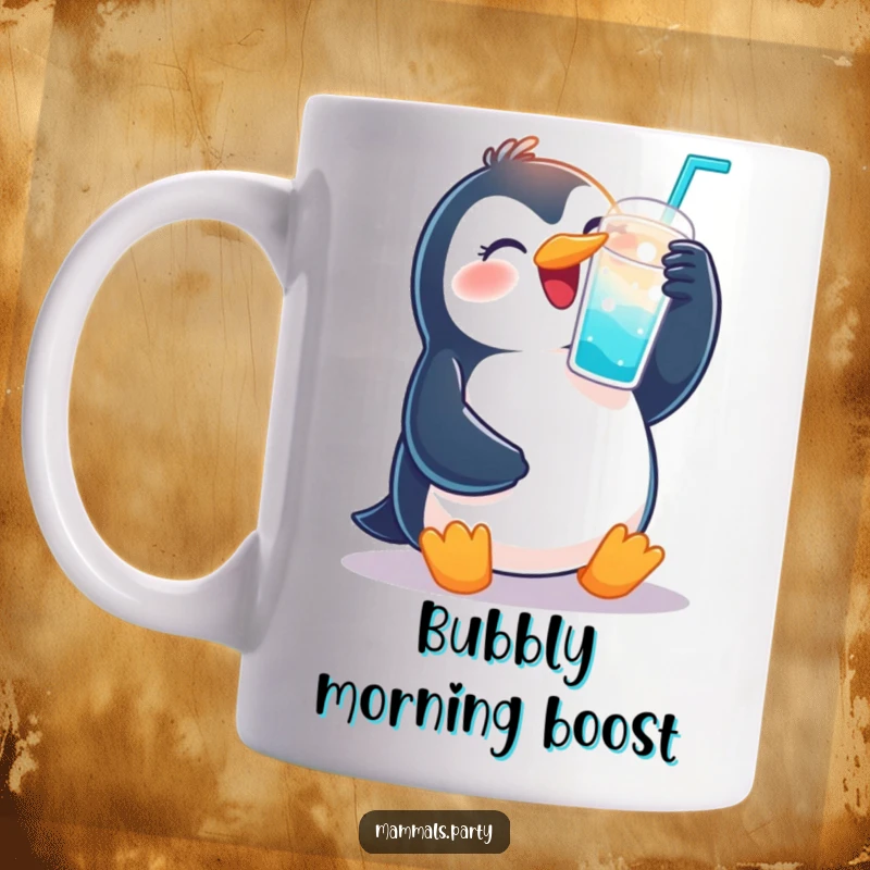 Funny mug with a happy penguin raising a cup filled with fizzy drink, celebrating with pure delight.