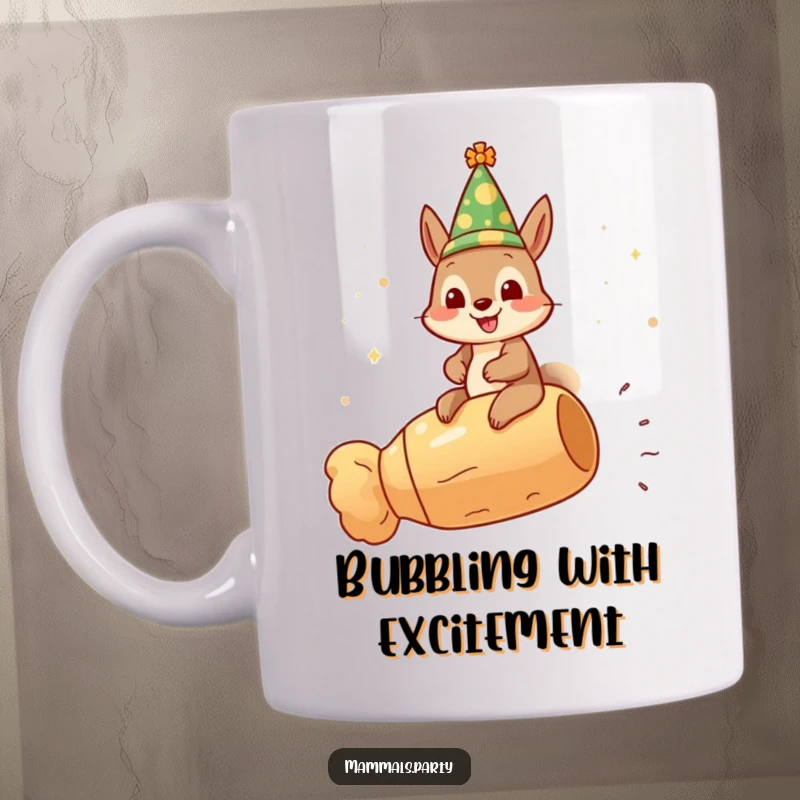 Funny gleeful squirrel character wearing a festive hat, joyfully riding a giant champagne cork, embodying pure celebration.