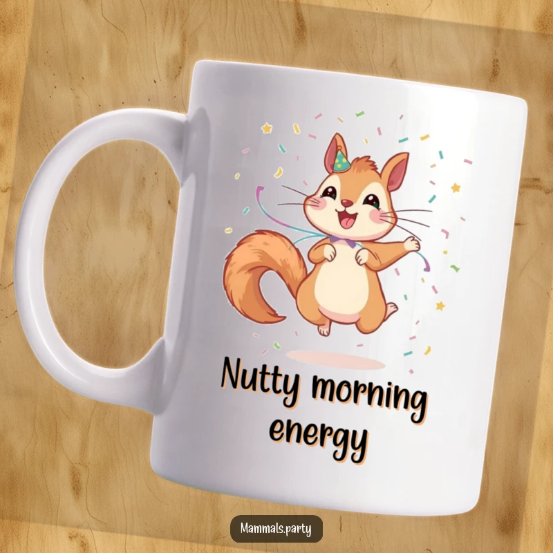 Funny Squirrel Mug: An excited squirrel decorated with streamers jumps and scatters confetti, embodying pure celebratory joy.