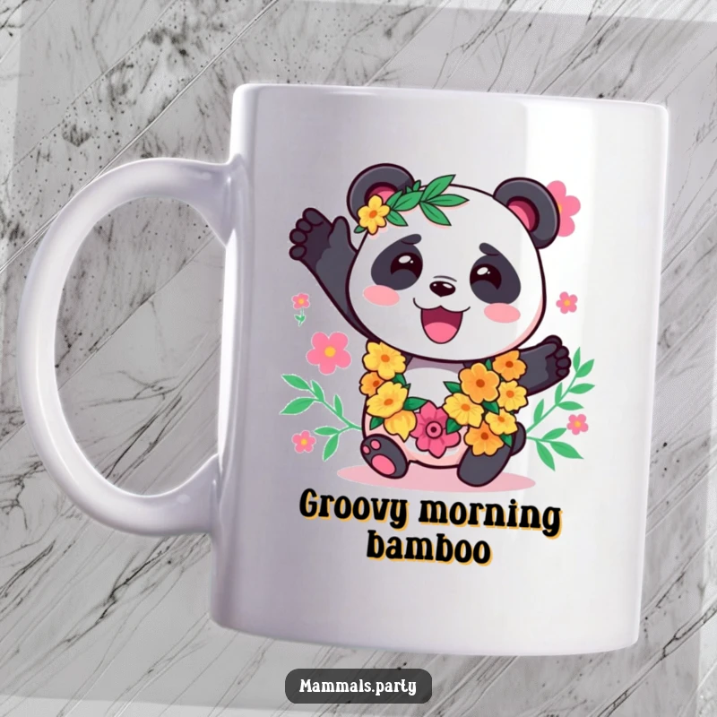Funny Panda Mug: A cute kawaii panda wearing a colorful lei sways happily to music, embodying a festive island mood.
