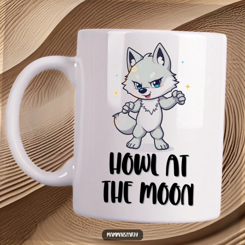 Funny wolf mug featuring a determined character disco dancing energetically with a shiny ball, radiating pure fun.