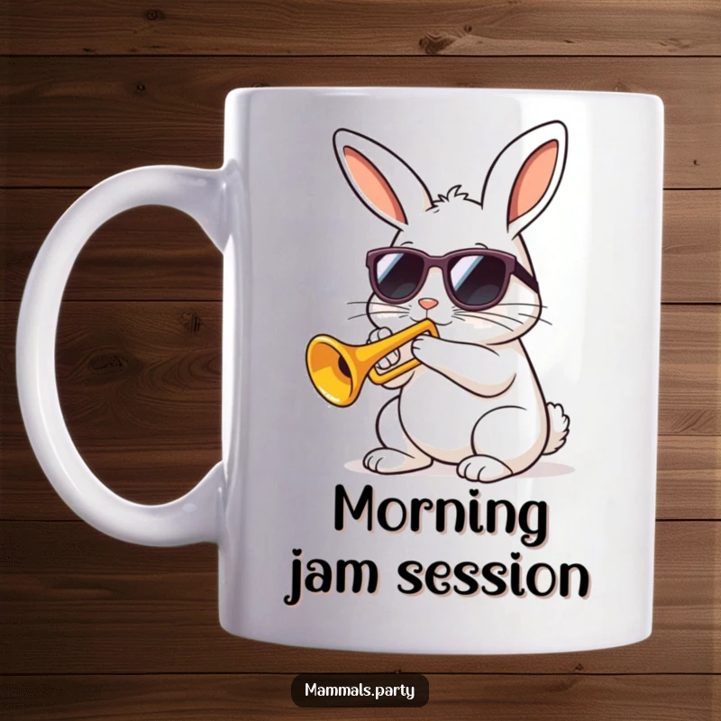 Funny kawaii rabbit wearing sunglasses playing a tiny trumpet with gusto on a mug, exuding musical joy and humor.