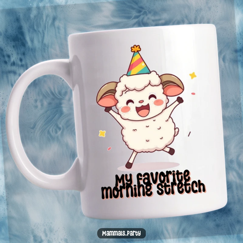 Funny sheep character in a party hat doing the limbo with excitement, perfect for a humorous gift mug.