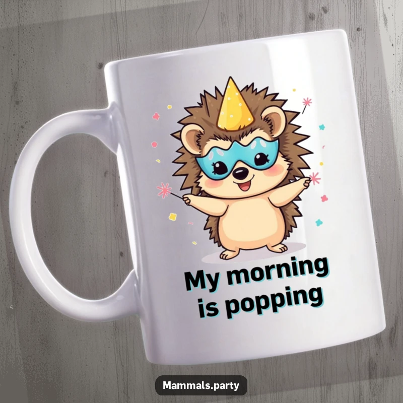 Funny delighted hedgehog character wearing a party mask, juggling tiny confetti poppers with a look of pure, mischievous joy.