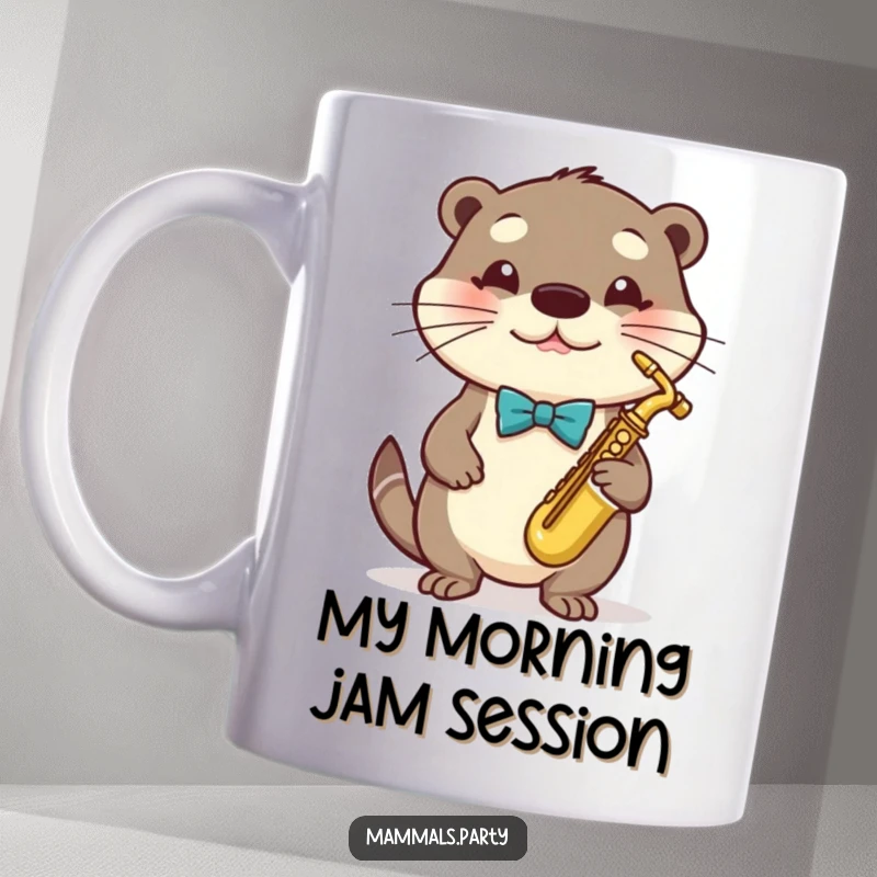 Funny Otter Mug with a bowtie playing a tiny saxophone, looking dapper and musical, bringing joy and laughter.