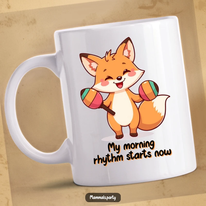 Funny mug with a smiling fox character doing a silly dance with oversized maracas, radiating pure, unadulterated joy and energy.