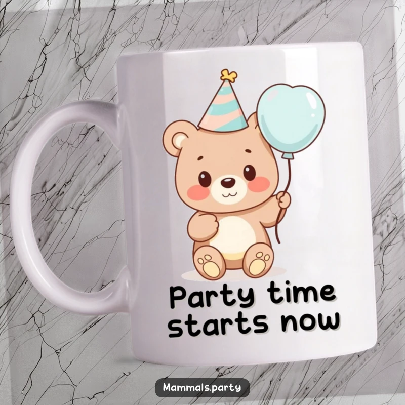Funny mug showing a cute cartoon bear cub wearing a party hat and happily holding a colorful balloon, ready to celebrate.