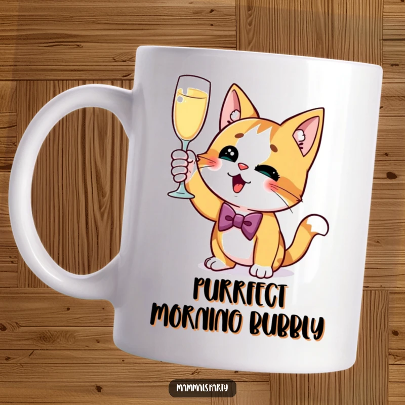 Funny Cat Mug: A curious cat in a bow tie excitedly raises a champagne glass, ready for a sophisticated and humorous toast.