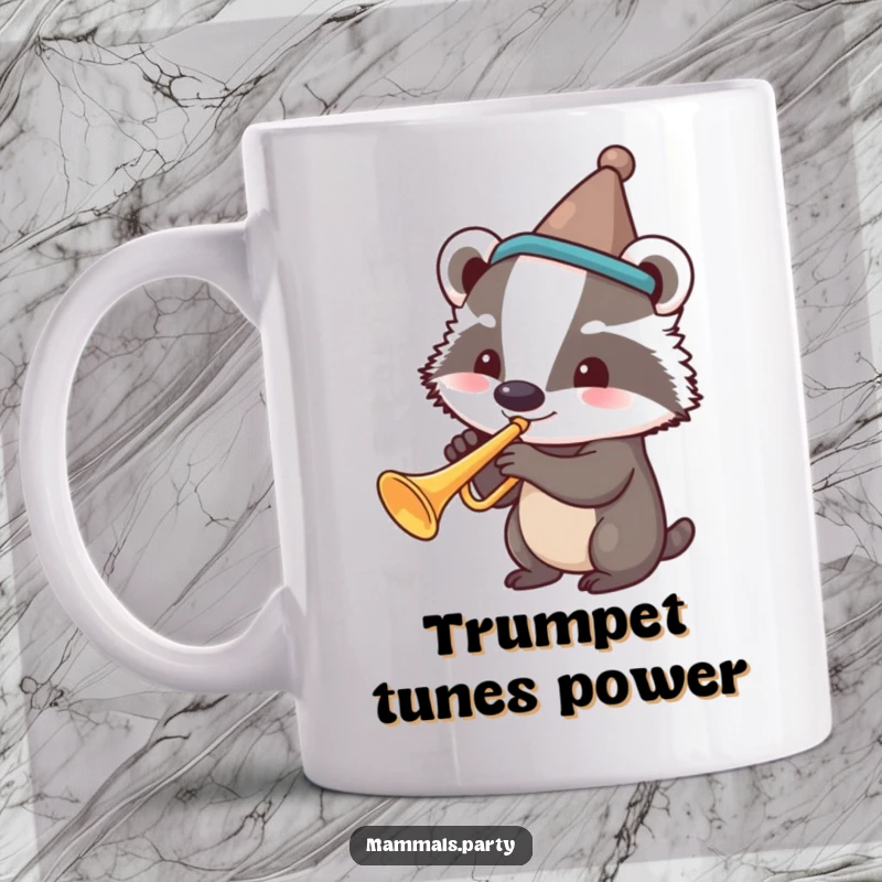 Funny mug with a smiling badger in a silly hat, energetically playing a trumpet with musical notes flying.