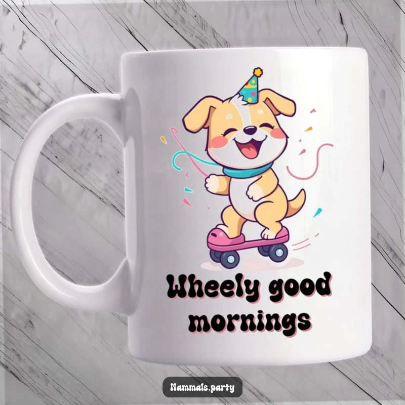 Funny Dog Mug: A delighted dog with a party streamer enthusiastically rides a roller skate, radiating pure joy and excitement.