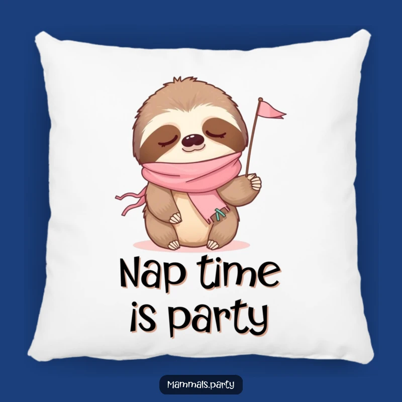 Comfy Funny Sleepy Sloth Party Pillow - Waving Flag, Relaxed Decor