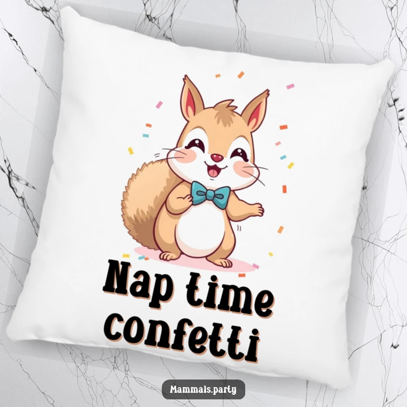 Funny Kawaii Squirrel wearing a bow tie, surrounded by confetti, offering soft comfort and playful decoration on a pillow.