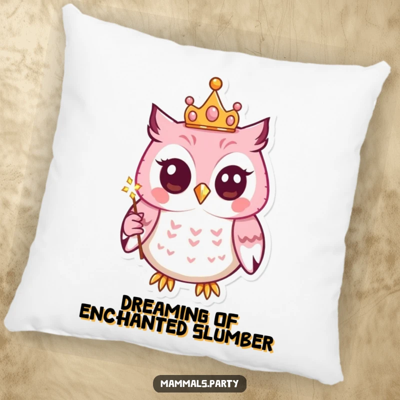 Funny pillow featuring a kawaii owl wearing a small crown and holding a sparkling wand, perfect for adding whimsical comfort.