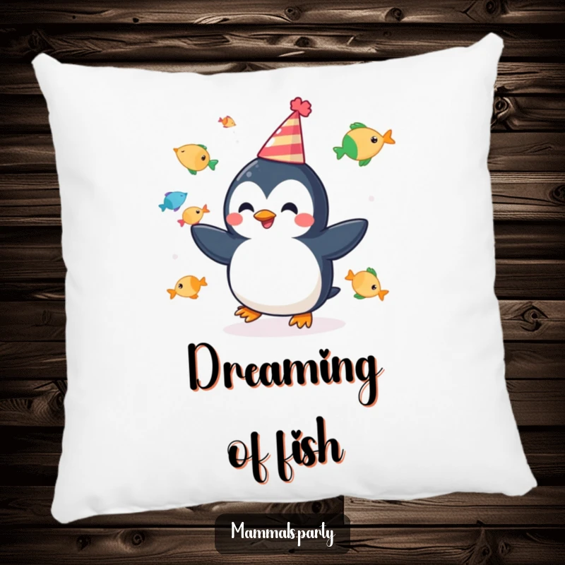 Funny pillow featuring a cheerful penguin juggling fish with a party hat, offering comfort and festive humor.