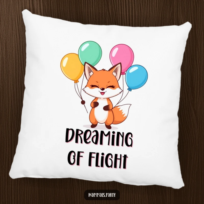 Funny kawaii fox with a sly grin, juggling balloons, on a soft pillow, bringing playful decor.