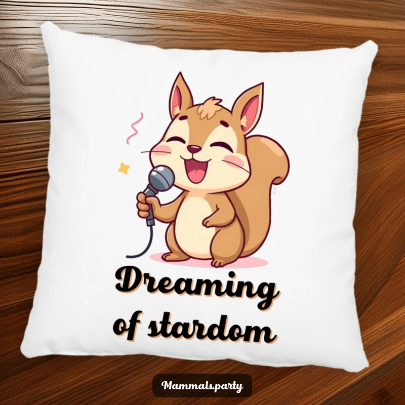 Funny squirrel holding a tiny microphone and singing karaoke, depicted on a comfortable pillow, perfect for adding musical cheer.