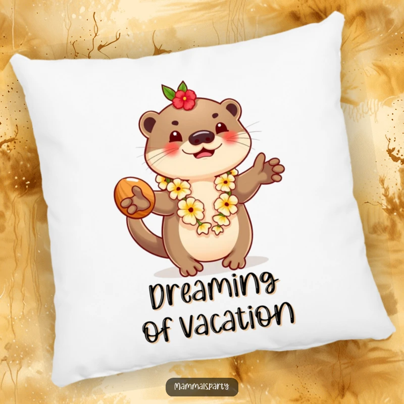 Funny pillow with a playful otter wearing a lei and juggling coconuts, adding a whimsical and tropical touch to any room.
