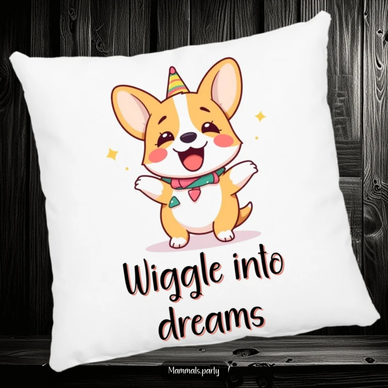Funny giggling corgi pillow, wearing a party collar and doing a silly dance, adding a touch of cozy fun.