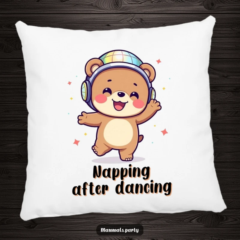 Happy bear wearing a disco ball helmet, dancing energetically, designed on a soft pillow for cozy, groovy decor.