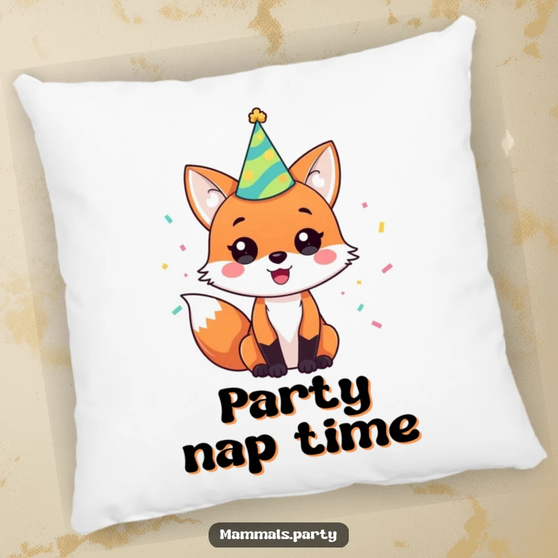 Funny pillow featuring a happy fox character in a party hat, surrounded by confetti, looking cozy and festive.