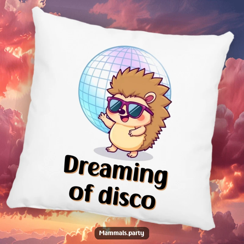 Funny Hedgehog Pillow: A cool hedgehog with sunglasses dances with a disco ball, bringing groovy comfort to your decor.