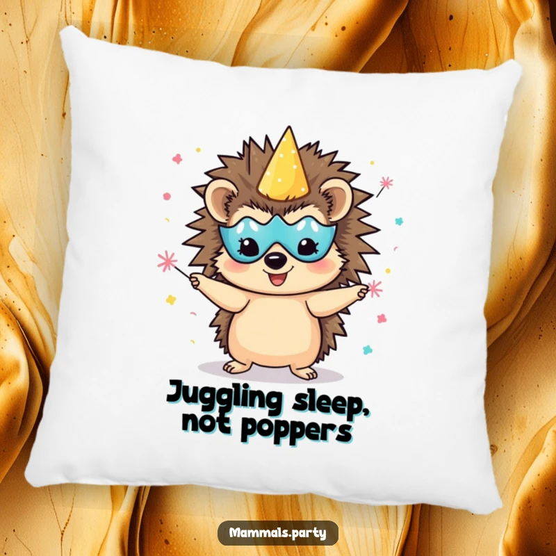Funny delighted hedgehog pillow, wearing a party mask and juggling confetti poppers, adding cozy celebration vibes.