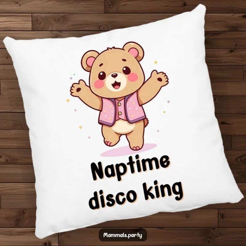 Funny kawaii bear wearing a sparkly vest dancing with abandon on a pillow, offering humorous comfort and cheer.