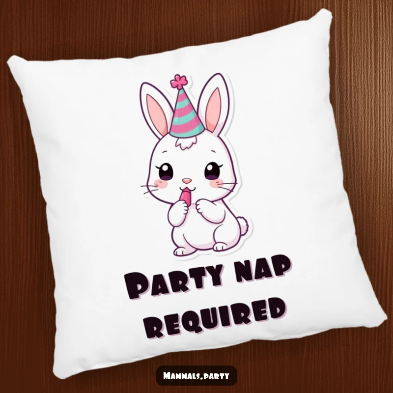 Funny kawaii bunny in a party hat, trying to blow a noisemaker, on a soft pillow.