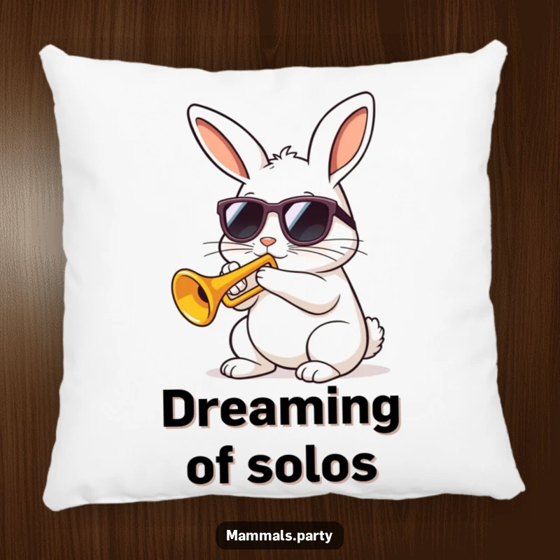 Funny kawaii rabbit wearing sunglasses playing a tiny trumpet with gusto on a pillow, offering musical comfort and humor.