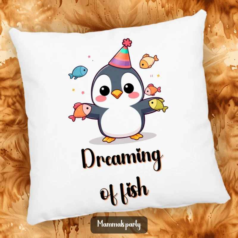 Funny penguin in a party hat juggling colorful fish, designed on a soft pillow for cozy, festive decor.