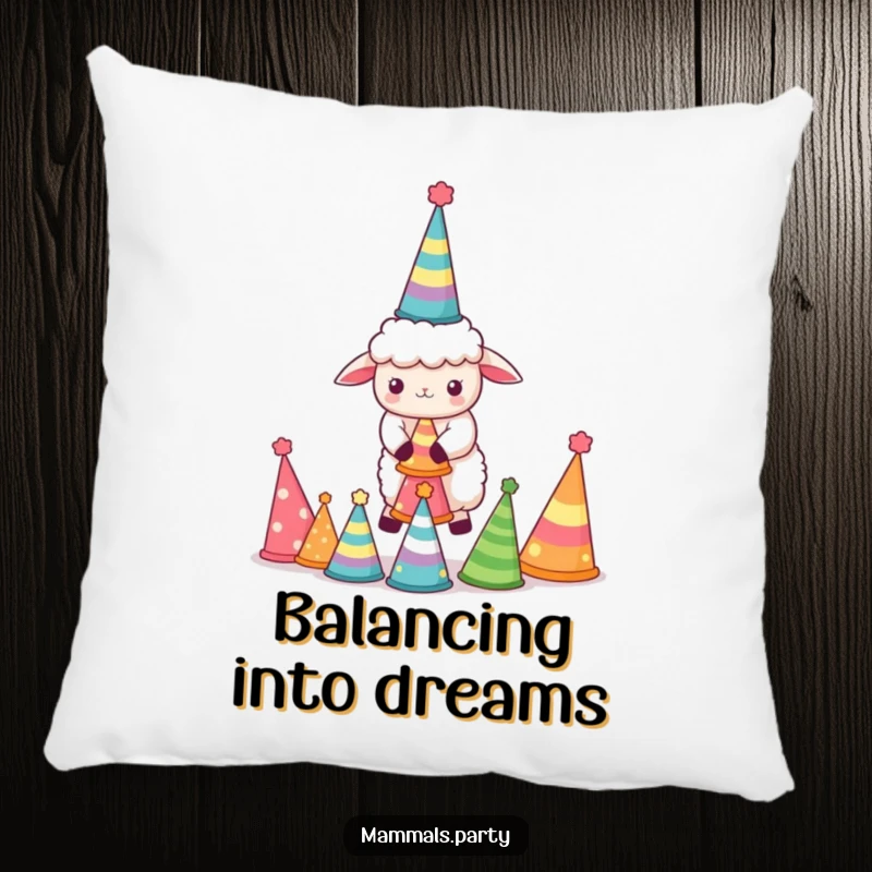 Funny Sheep Pillow: Soft kawaii sheep hilariously balancing party hats, offering humorous comfort and festive charm.
