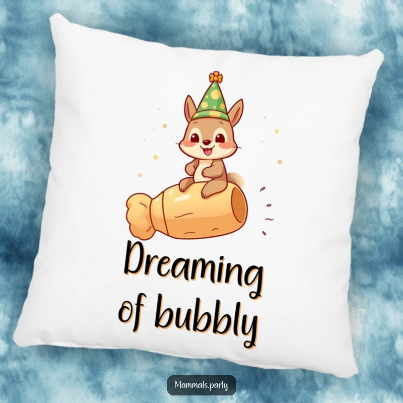 Funny gleeful squirrel pillow, wearing a festive hat and riding a champagne cork, adding cozy celebration vibes.