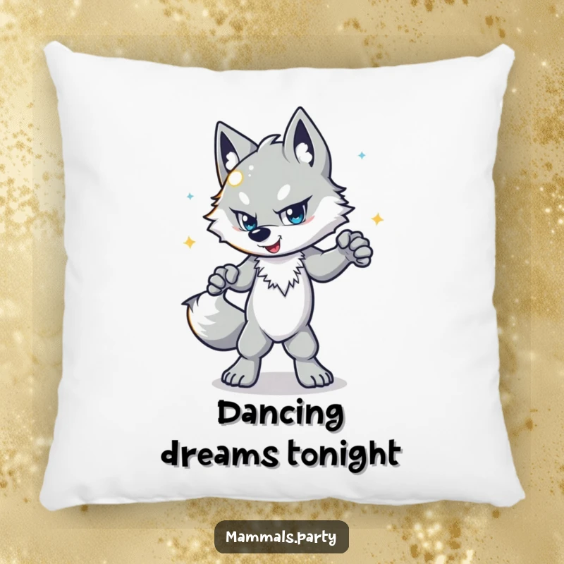 Funny wolf pillow with a determined character disco dancing with a shiny ball, offering soft, humorous decor.