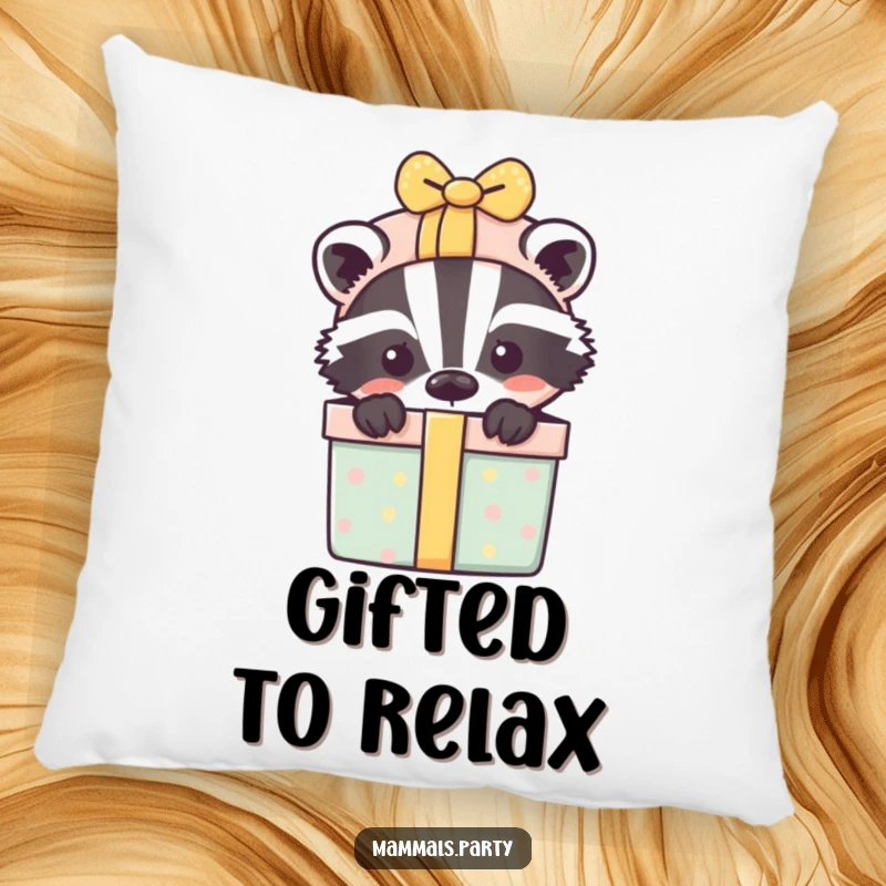 Funny pillow featuring a playful badger peeking from behind a gift-laden box, perfect for a cozy surprise.