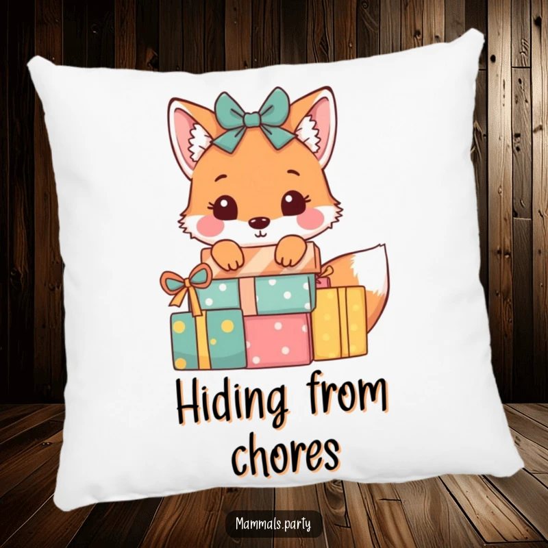 Funny Fox Pillow: A playful fox peeks from behind wrapped presents, offering soft, charming comfort with a hint of mischief.