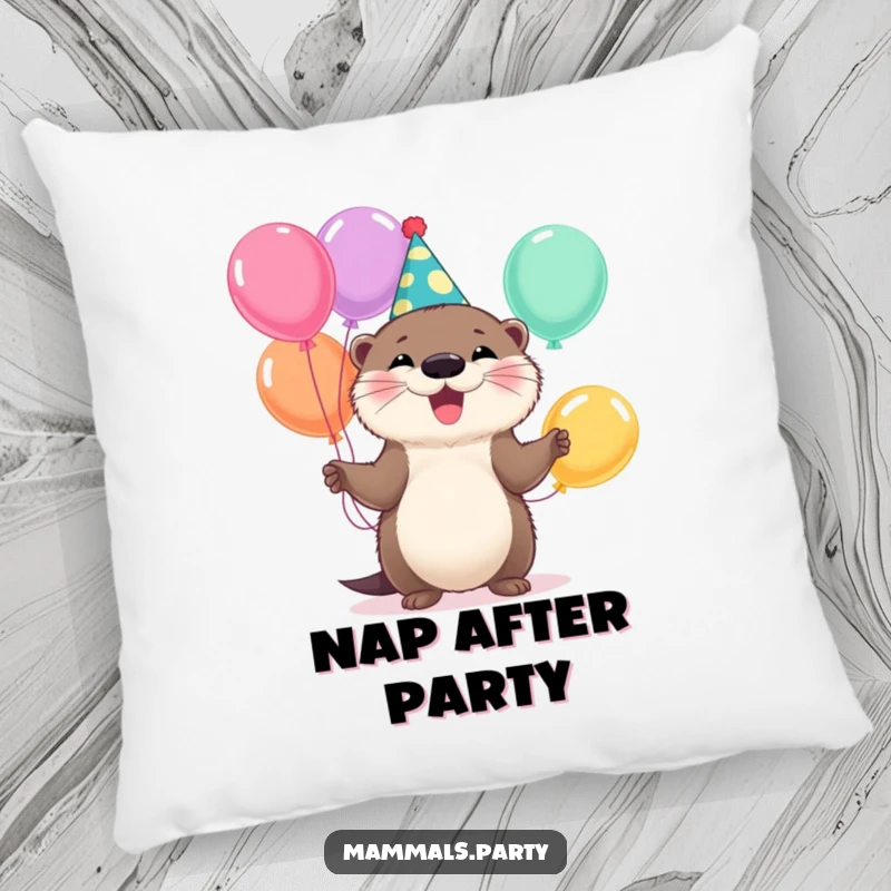 Funny Otter Pillow: A fluffy otter in a party hat juggles colorful balloons, offering a soft and cheerful decorative accent.