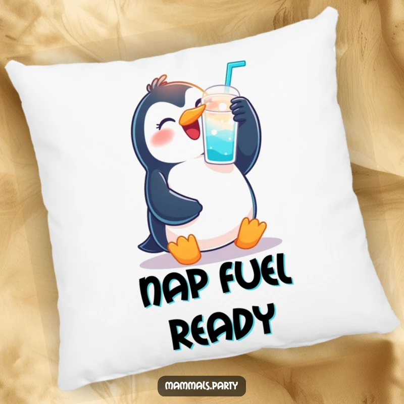 Funny pillow showing a joyous penguin raising a cup of fizzy drink, ready to toast and celebrate.