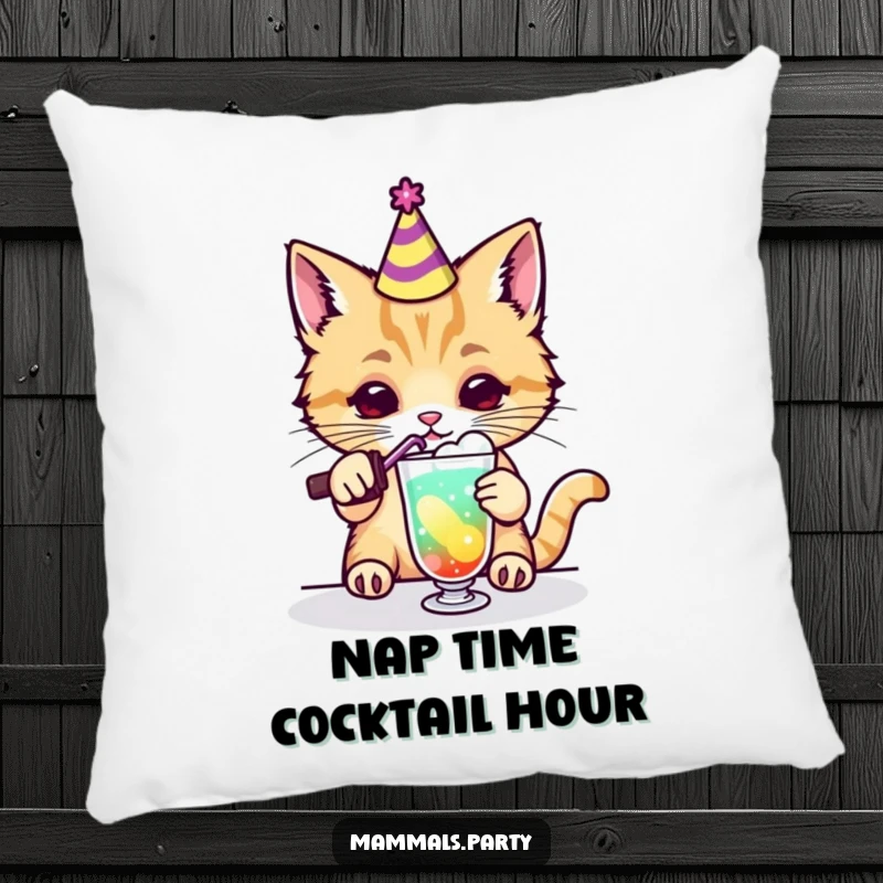 Funny kawaii cat wearing a party hat mixing a colorful drink on a pillow, adding humorous comfort to any space.