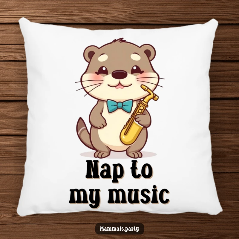Funny Otter Pillow with a bowtie playing a tiny saxophone, adding a whimsical touch to any room.