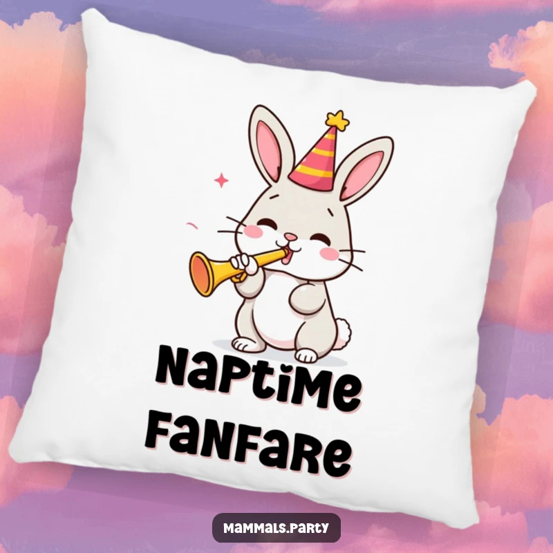 Funny bunny blowing a tiny trumpet while wearing a party hat, depicted on a comfortable pillow, perfect decorative and funny gift.