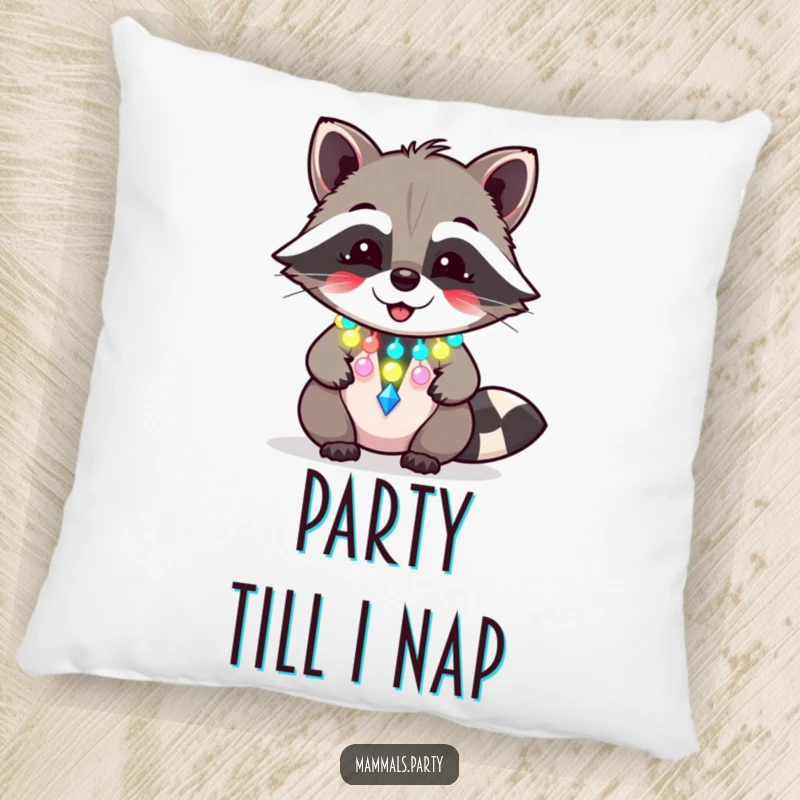 Funny raccoon pillow with a giggling character wearing a flashing party necklace, offering soft, festive, and humorous decor.