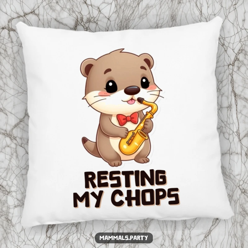 Funny Pillow showcasing a sophisticated otter in a bowtie playing a tiny saxophone, offering plush comfort and musical whimsy.