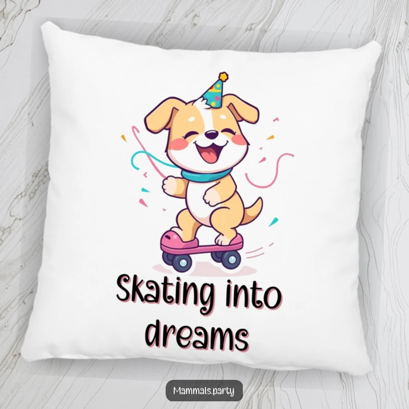 Funny Dog Pillow showing a delighted dog with a party streamer, enthusiastically riding a roller skate, bringing comfort and playful energy.