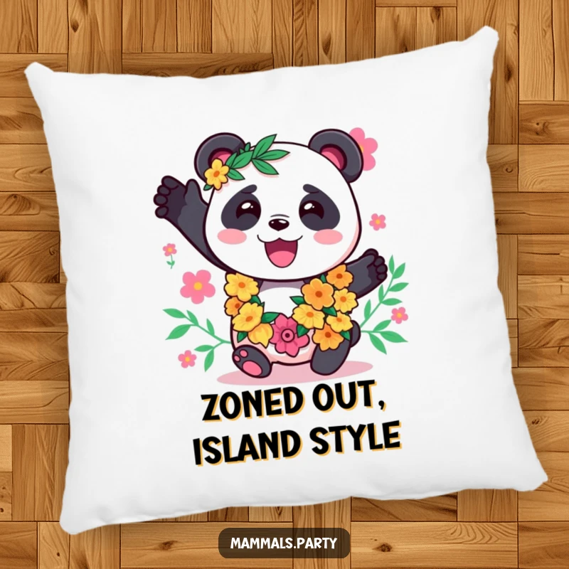 Funny Panda Pillow: A cute kawaii panda wearing a lei, swaying happily, perfect for adding a cozy and festive touch.