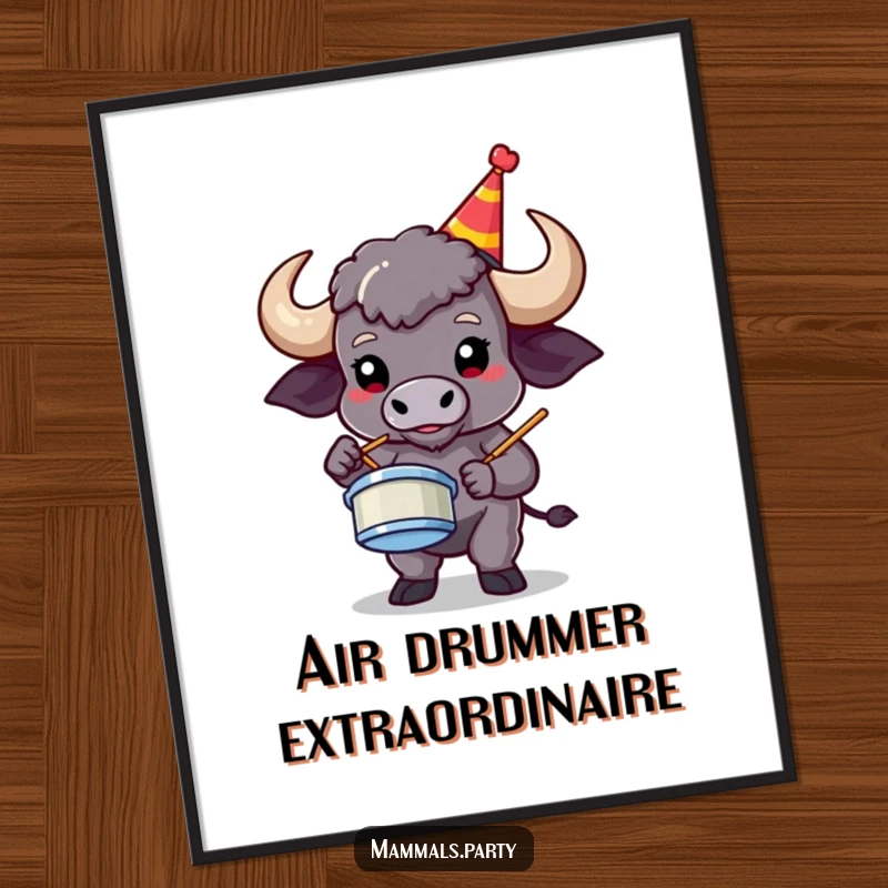 Funny, proud buffalo wearing a party hat, rocking out on air drums, as a vibrant digital art print.