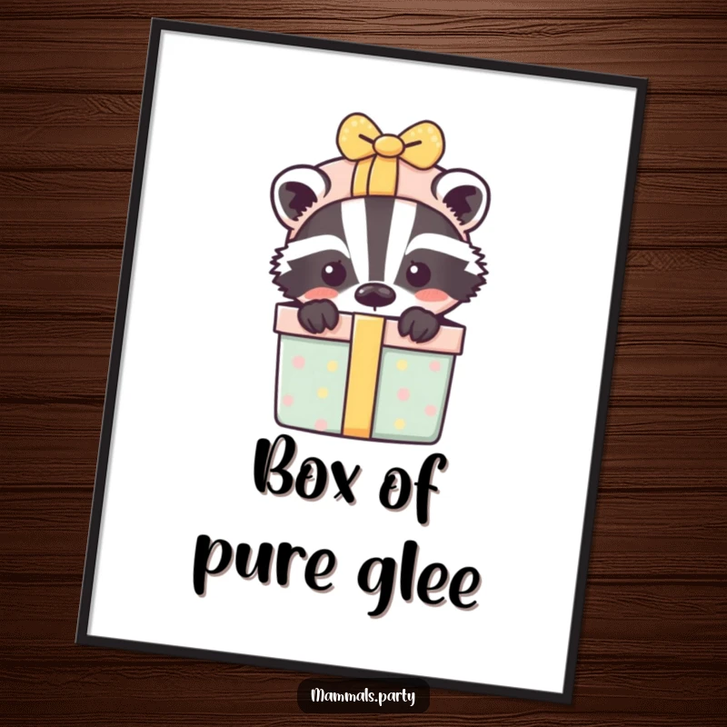 Funny digital art print of a playful badger peeking from behind an overflowing gift box, full of curiosity.