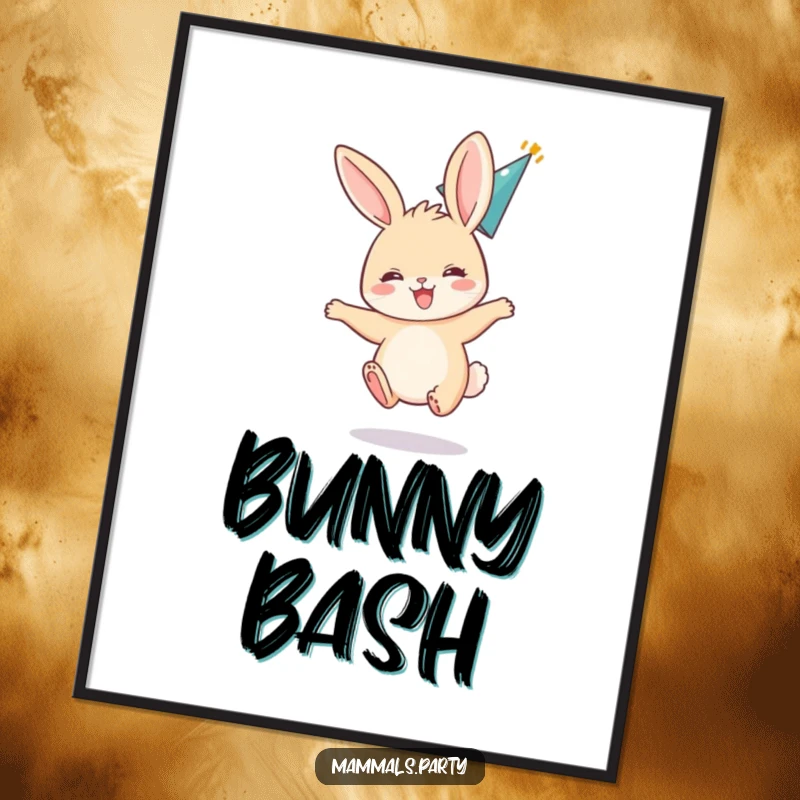 Funny digital art print of an excited bunny bouncing with ears flopped back, wearing a party hat, perfect for decor.