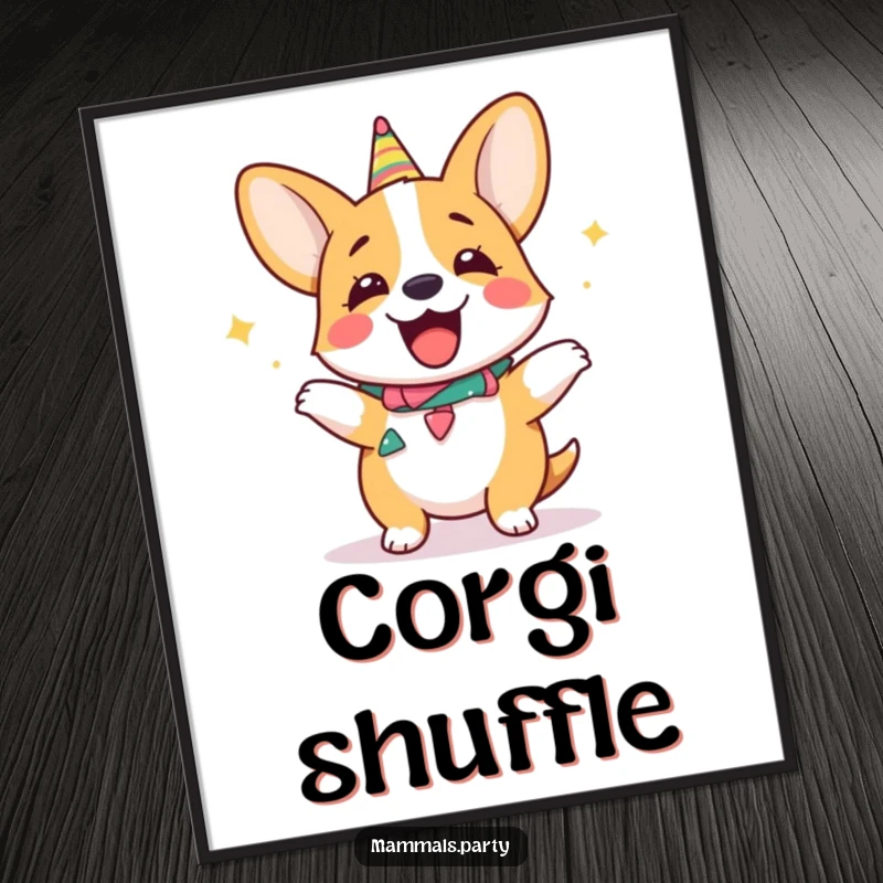 Funny giggling corgi digital art print, wearing a party collar and dancing, ready to download and spread cheer.