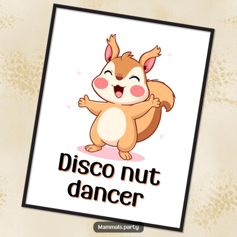 Funny Squirrel Digital Art: A dynamic illustration of a happy squirrel dancing gleefully under vibrant disco lights, capturing pure dance floor energy.