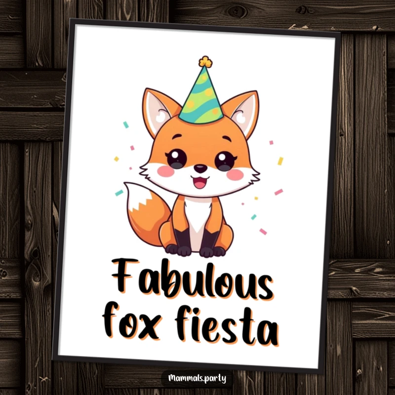 Funny digital art print of a happy fox wearing a party hat and surrounded by colorful confetti, embodying pure celebration.